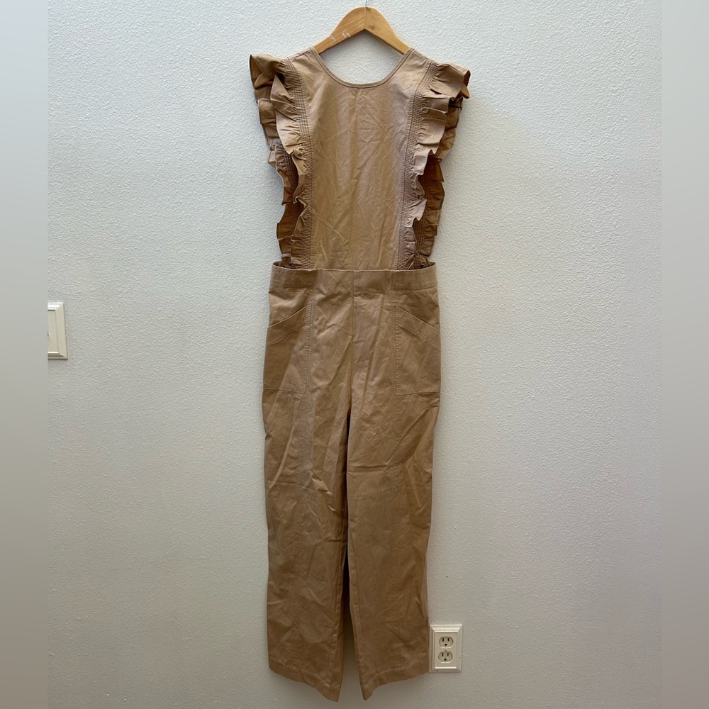GANNI ruffle khaki overalls
